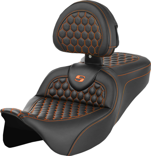 SADDLEMEN - 808-07B-189B3 - RoadSofa Seat - Honeycomb - Orange Stitch - with Backrest - FLH/FLT '08-'23