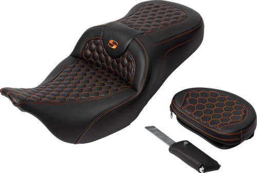 SADDLEMEN - 808-07B-189B3 - RoadSofa Seat - Honeycomb - Orange Stitch - with Backrest - FLH/FLT '08-'23