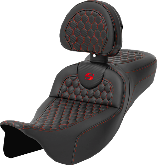 SADDLEMEN - 808-07B-190B4 - RoadSofa Seat - Honeycomb - Red Stitch - with Backrest - Extended Reach - FLH/FLT '08-'24