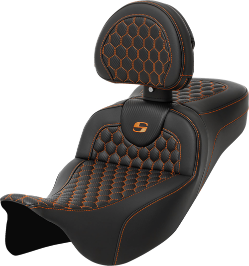 SADDLEMEN - 808-07B-190B3 - RoadSofa Seat - Honeycomb - Orange Stitch - with Backrest - Extended Reach - FLH/FLT '08-'24