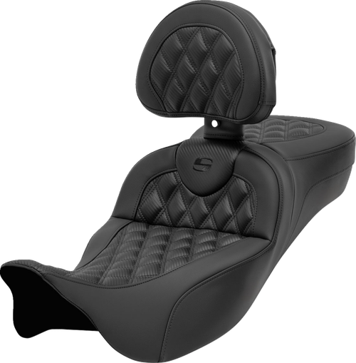 SADDLEMEN - 808-07B-207B0 - Roadsofa Extended Reach Seat - with Backrest - Lattice Stitch - Carbon Fiber - FL '08-'24