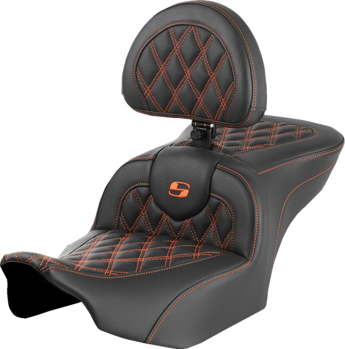 SADDLEMEN - 823-07-182B3 - RoadSofa Seat - with Backrest - Lattice Stitch - Orange Stitch - FLTR/FLHX '23-'24