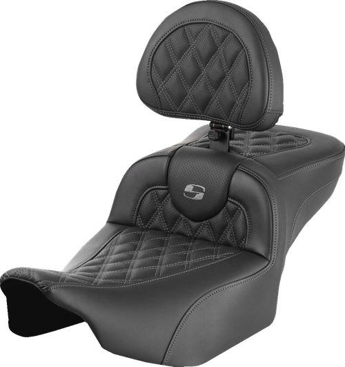 SADDLEMEN - 823-07-184B2 - Roadsofa Extended Reach Seat - with Backrest - Lattice Stitch - Gray Stitch - FLTR/FLHX '23-'24