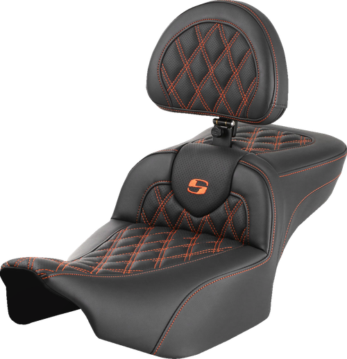 SADDLEMEN - 823-07-184B3 - Roadsofa Extended Reach Seat - with Backrest - Lattice Stitch - Orange Stitch - FLTR/FLHX '23-'24
