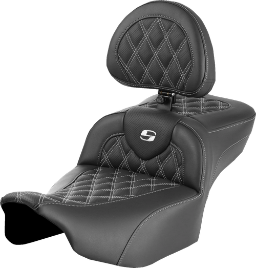 SADDLEMEN - 823-07-184B6 - Roadsofa Extended Reach Seat - with Backrest - Lattice Stitch - White Stitch - FLTR/FLHX '23-'24