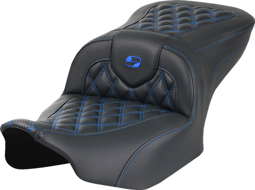 SADDLEMEN - 823-07-20601 - RoadSofa Seat - without Backrest - Carbon Fiber - Lattice Stitch - Blue Stitch - FLTR/FLHX '23-'24
