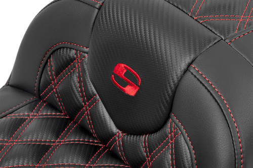 SADDLEMEN - 823-07-20604 - RoadSofa Seat - without Backrest - Carbon Fiber - Lattice Stitch - Red Stitch - FLTR/FLHX '23-'24