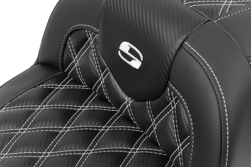 SADDLEMEN - 823-07-20606 - RoadSofa Seat - without Backrest - Carbon Fiber - Lattice Stitch - White Stitch - FLTR/FLHX '23-'24