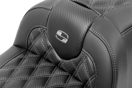 SADDLEMEN - 823-07-206B2 - RoadSofa Seat - with Backrest - Carbon Fiber - Lattice Stitch - Gray Stitch - FLTR/FLHX '23-'24