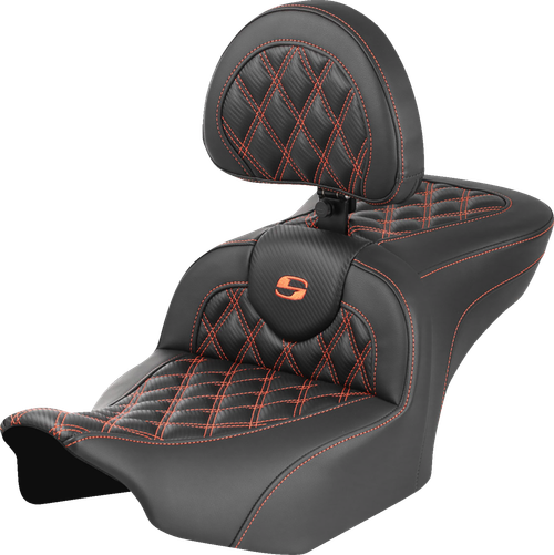 SADDLEMEN - 823-07-206B3 - RoadSofa Seat - with Backrest - Carbon Fiber - Lattice Stitch - Orange Stitch - FLTR/FLHX '23-'24