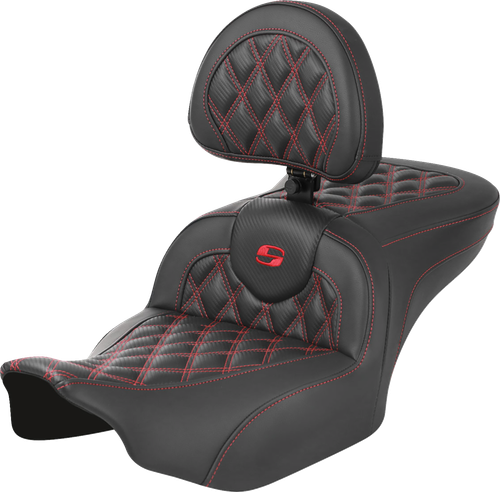 SADDLEMEN - 823-07-206B4 - RoadSofa Seat - with Backrest - Carbon Fiber - Lattice Stitch - Red Stitch - FLTR/FLHX '23-'24