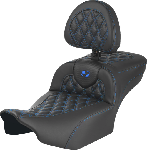 SADDLEMEN - 823-07-207B1 - Roadsofa Extended Reach Seat - with Backrest - Lattice Stitch - Blue Stitch - FLTR/FLHX '23-'24