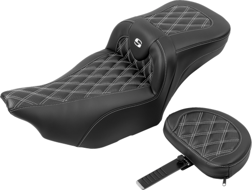 SADDLEMEN - 823-07-207B6 - Roadsofa Extended Reach Seat - with Backrest - Lattice Stitch - White Stitch - FLTR/FLHX '23-'24