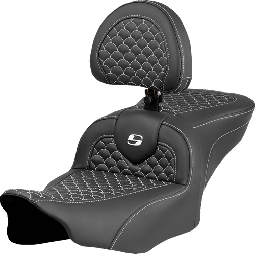 SADDLEMEN - 823-07-208B6 - Roadsofa Seat - Dragon Scale Stitch - White Stitch - w/ Backrest - FLTR/FLHX '23-'24
