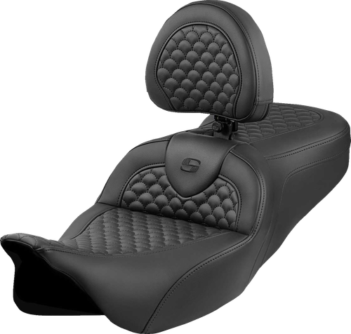 SADDLEMEN - 808-07B-208B0 - Roadsofa Seat - Dragon Scale Stitch - Black Stitch - w/ Backrest - FLH/FLT '08-'24