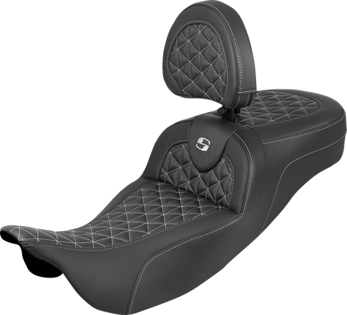 SADDLEMEN - 808-07B-211B5 - RoadSofa Tri Gripper Seat - Extended Reach - Silver Stitch - w/ Backrest - FLH/FLT '08-'25