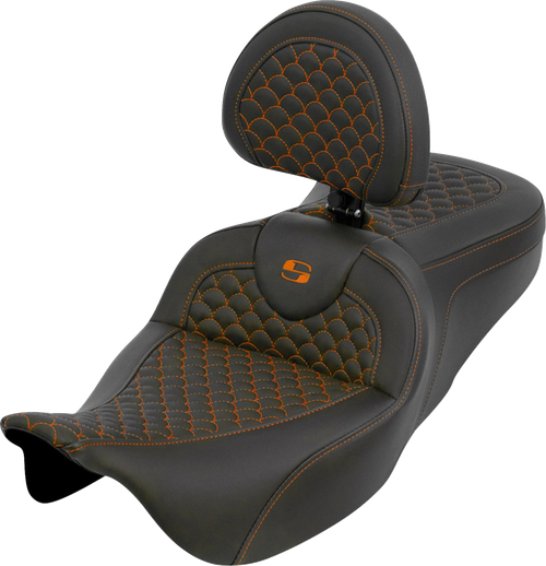 SADDLEMEN - 808-07B-208B3 - Roadsofa Seat - Dragon Scale - Orange Stitch - with Backrest - Touring '08-'25