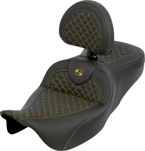 SADDLEMEN - 808-07B-208B7 - Roadsofa Seat - Dragon Scale - Gold Stitch - with Backrest - Touring '08-'25