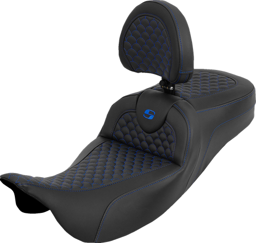 SADDLEMEN - 808-07B-209B1 - Extended Reach Roadsofa Seat - Dragon Scale - Blue Stitch - with Backrest - Touring '08-'25