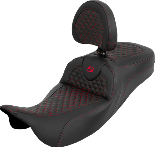 SADDLEMEN - 808-07B-209B4 - Extended Reach Roadsofa Seat - Dragon Scale - Red Stitch - with Backrest - Touring '08-'25