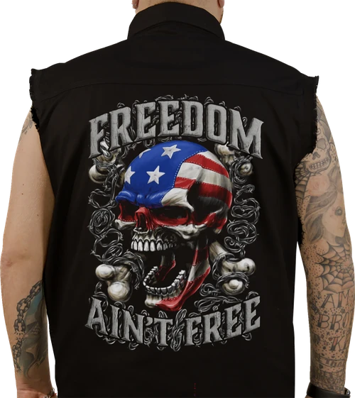LETHAL THREAT - Freedom Ain't Free Printed Sleeveless Button Down Shirt - Black
