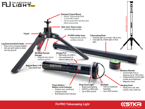 FLI-PRO TELESCOPING LIGHT 8' WITH REMOVABLE FLASHLIGHT