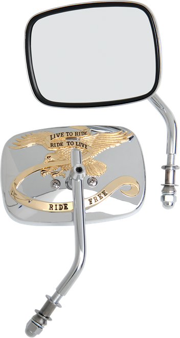 DRAG SPECIALTIES - 0640-0476 - Mirrors - Live To Ride - Side View - Rectangle - Chrome/Gold - Pair