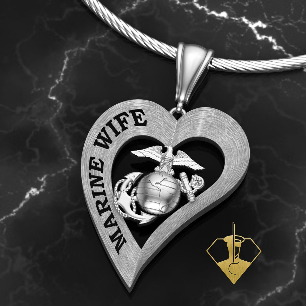 Marine Wife Heart Diamond Etched Pendant w/18" Sterling Silver Chain
also available in 10k, 14k and 18k white or yellow gold. 1 1/4" Tall
"Made by Marines for Marines" 

 100% Satisfaction Guaranteed