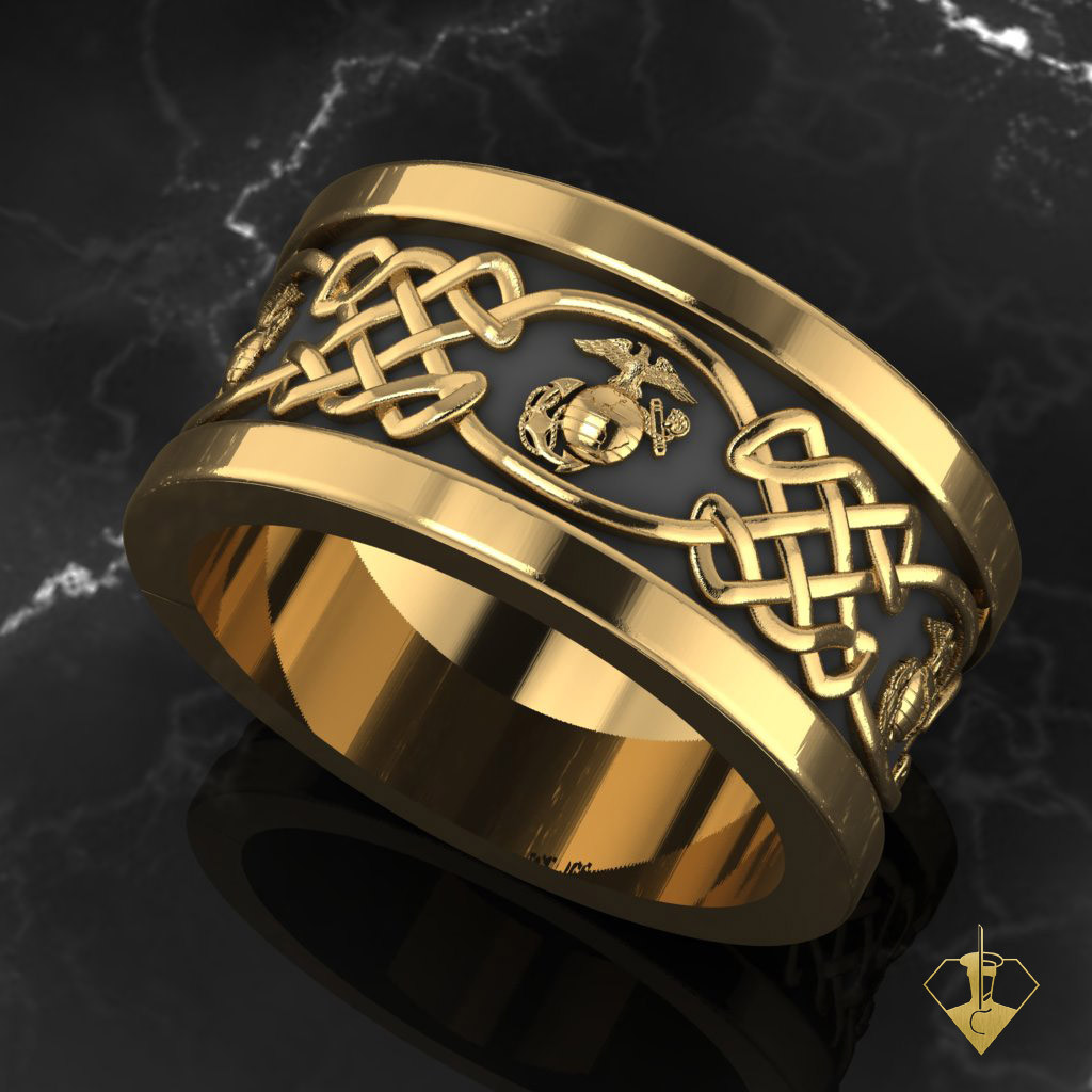 USMC Celtic Eagle, Globe & Anchor Wedding Band 10K