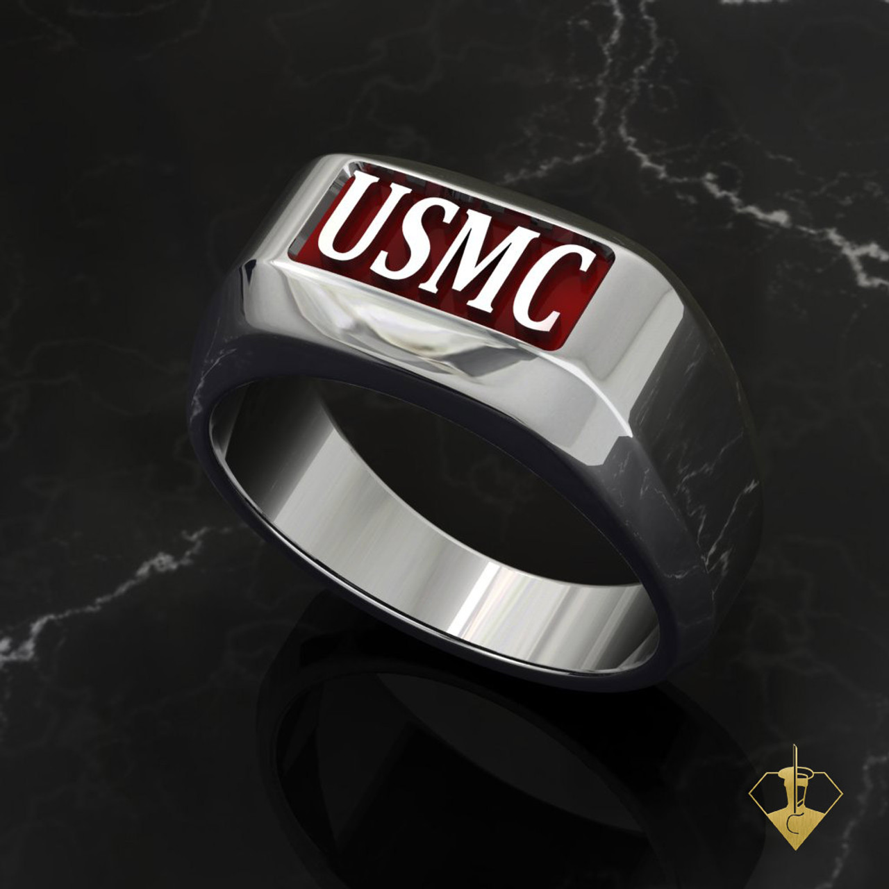 Sterling Silver USMC Rugged Ring with Inset Raised Letters with Red Inlay
