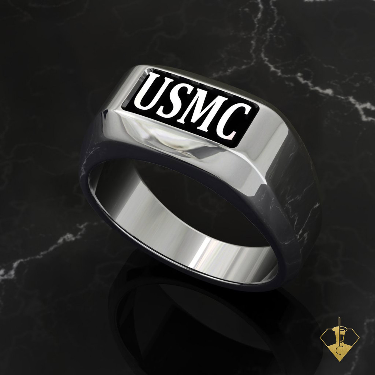 USMC WOMAN MARINES RING SILVER OR WHITE GOLD BLACK INLAY