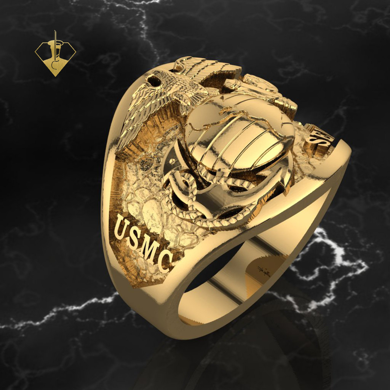 Semper Fi and USMC on a rock background with our beloved Eagle Globe and Anchor in
the center made in solid 10k Gold. This Marine Corps Ring says it all and the
bottom of the band is 2mm thick is made to last a lifetime.
Created and Made by a Marine for Marines.