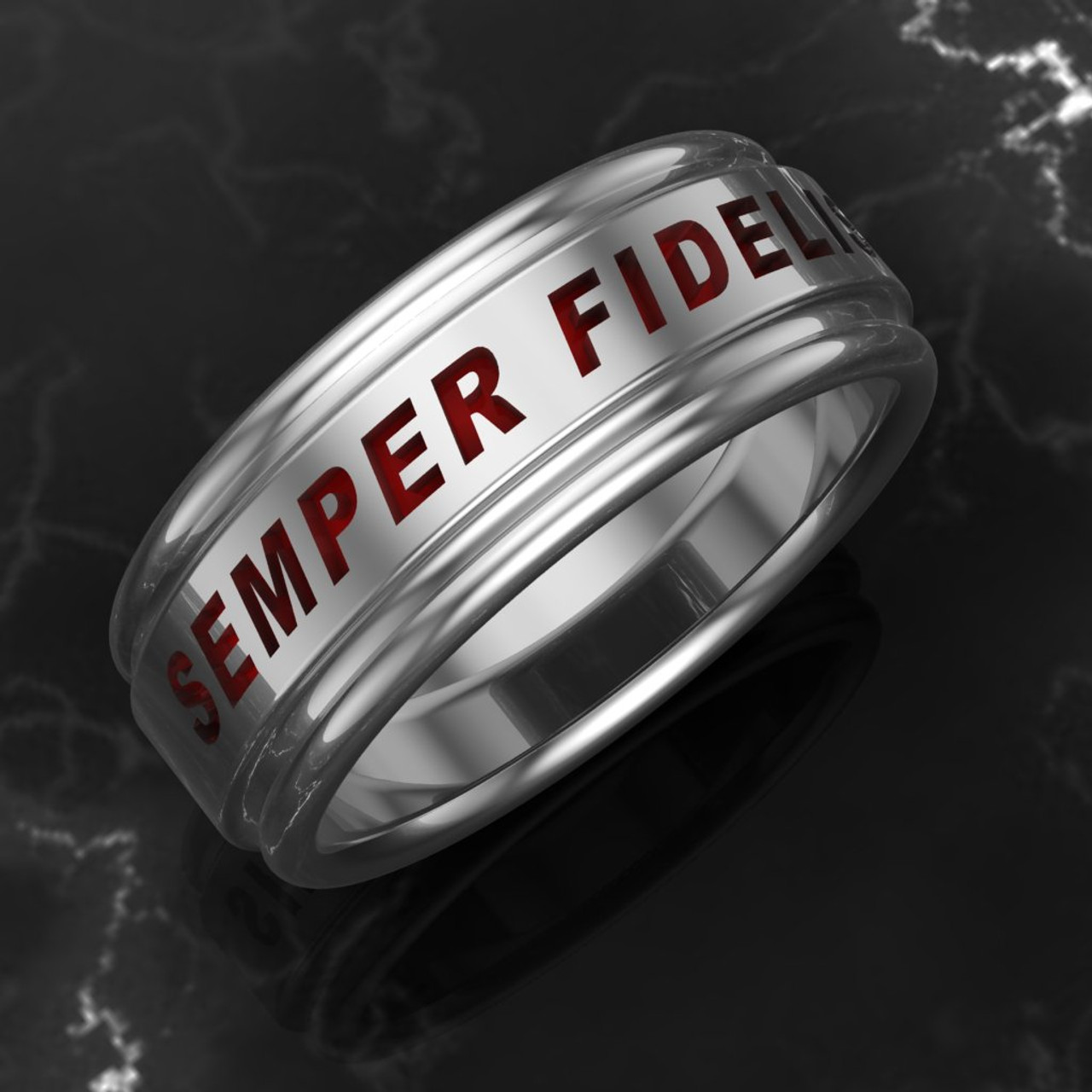 USMC Marines Semper Fidelis Band
The stunning Semper Fidelis 

The band is comfort fit and 7.5 mm wide.
Your choice of black or red background.
 
"Made by Marines for Marines"

 
Available in Sterling Silver, 10k, 14k and 18k
White or Yellow gold.

 100% Satisfaction Guaranteed