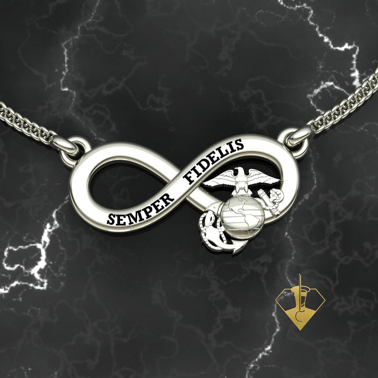 Infinity Semper Fidelis EGA Pendant
in Solid 10k White Gold with 18" Gold Chain
"Made by Marines for Marines"
Available in Sterling Silver, SS, 14k and 18k
White or Yellow gold.

 100% Satisfaction Guaranteed