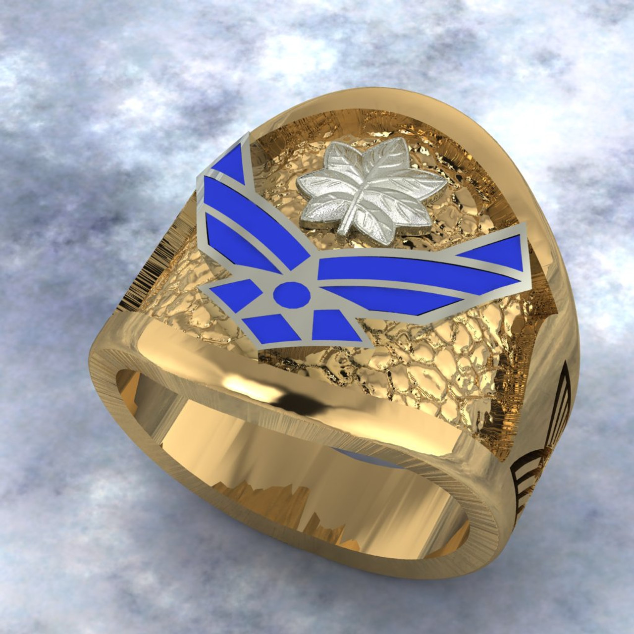 USAF Rank and Service Men's Ring
United States Air Force solid gold ring features the Air Force Wings and symbolizes the core values:
Integrity first, Service before self and Excellence in all we do.

Available in solid white or yellow gold or Two Tone and can be customized with your choice of rank and years of service. 

Made by Veterans for Veterans.
100% Satisfaction Guaranteed!