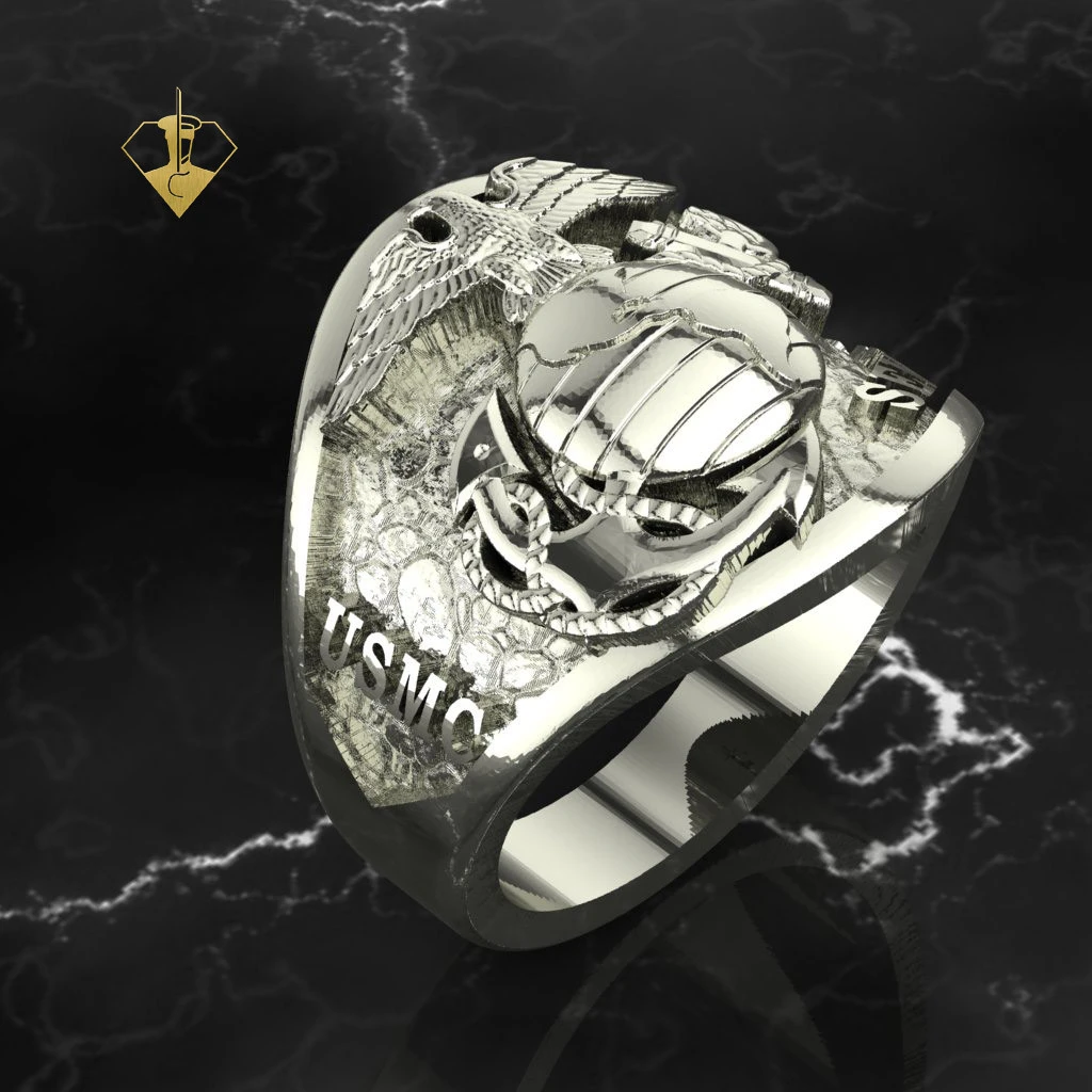 Semper Fi and USMC on a rock background with our beloved Eagle Globe and Anchor in
the center made in solid 10k Gold. This Marine Corps Ring says it all and the
bottom of the band is 2mm thick is made to last a lifetime.
Created and Made by a Marine for Marines.