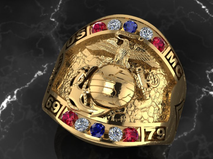Old Glory USMC Gold Ring with Rubies Diamonds and Sapphires