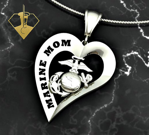 Marine Mom Heart Diamond Etched Pendant w/18" Sterling Silver Chain
also available in 10k, 14k and 18k white or yellow gold, 1 1/4" Tall
"Made by Marines for Marines" 

 100% Satisfaction Guaranteed
