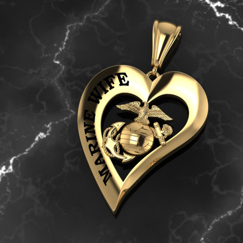 Marine Wife Heart Pendant 10k Yellow Gold w/Chain