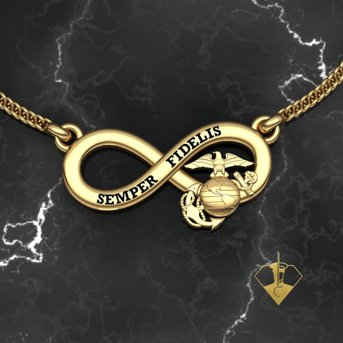 Infinity Semper Fidelis EGA Pendant
in Solid 10k Yellow Gold with 18" Gold Chain
"Made by Marines for Marines"
Available in Sterling Silver, SS, 14k and 18k
White or Yellow gold.

 100% Satisfaction Guaranteed
