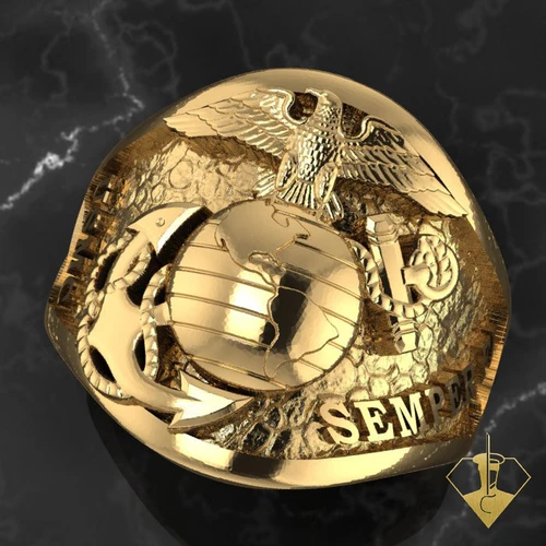 Semper Fi and USMC on a rock background with our beloved Eagle Globe and Anchor in the center made in solid 10k Gold. This Marine Corps Ring says it all and the bottom of the band is 2mm thick is made to last a lifetime.
Created and Made by a Marine for Marines.