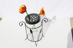 Flower Arrangement Glass Jar/Frog Lid & Metal Stand- Black