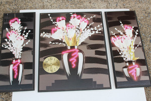 Flower Vase 3-Piece Hanging Wall Art W/ Clock Inset