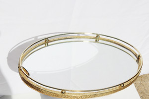 Vintage Oval Gold Metal Platter Vanity Mirror