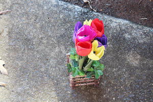 13" Faux Tulip Bouquet in Wood Log Planter