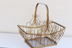Vintage Gold Metal Sled Shape Handle Basket