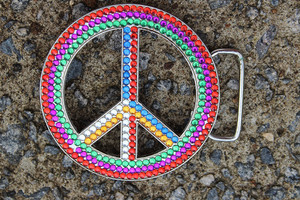 1970s Metal & Faux Gemstone Love & Peace Belt Buckle