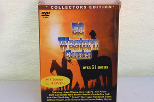 Collectors Edition 50 Western Classics 4 DVDs- Over 51 Hours of Viewing. Never Viewed- Like New Condition. Starring: John Wayne, Roy Rogers, Tex Ritter, Burt Lancaster, Dale Evans, Gabby Hayes, Lorne Greene