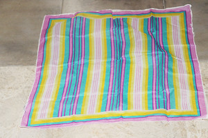 Vintage Sheer Rectangular Yellow/Teal/Purple Striped Poly Fabric Scarf