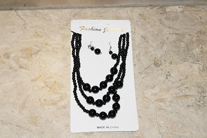 Vintage 3-Strand Faux Black Pearls Necklace & Earring Set